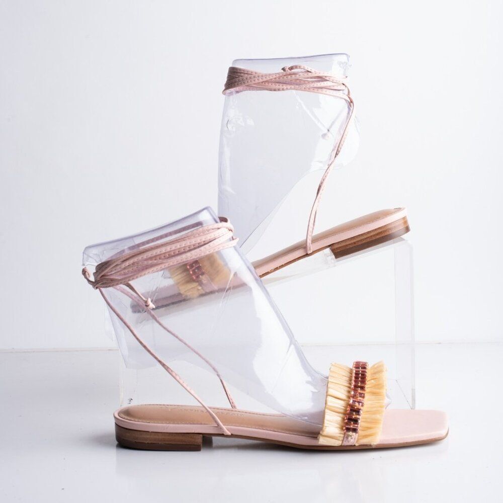 Anthropologie Embellished Tie Up Raffia Sandals Pink Rose EU 36 US 6 New